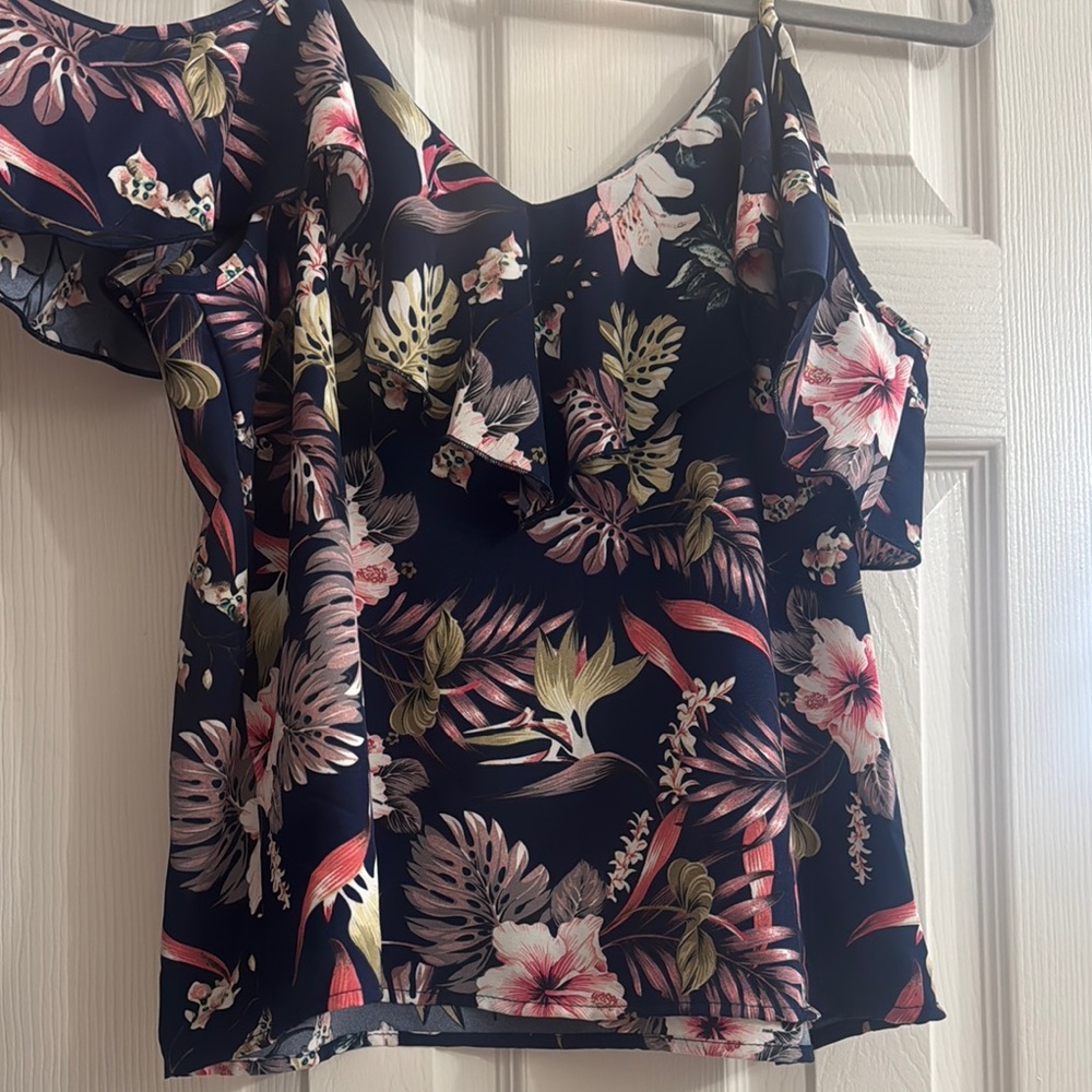 SHEIN Pink and Tan Asymmetrical Ruffled Blouse